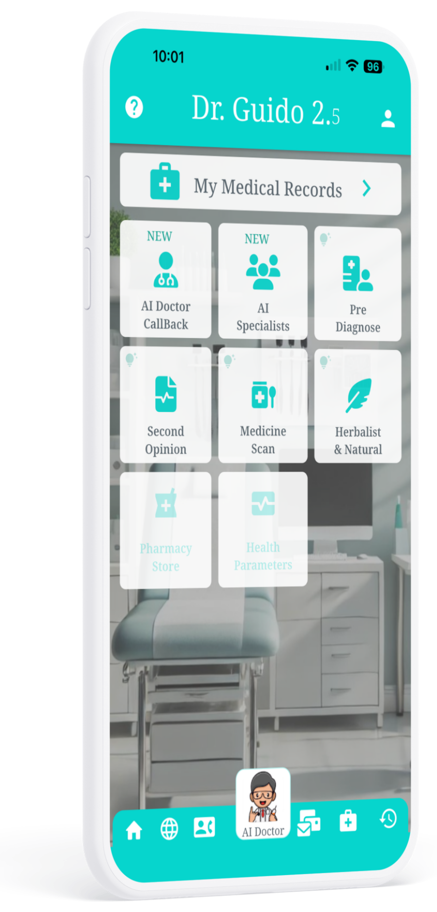 Dr. Guido 2.5 app home screen with all AI doctor buttons