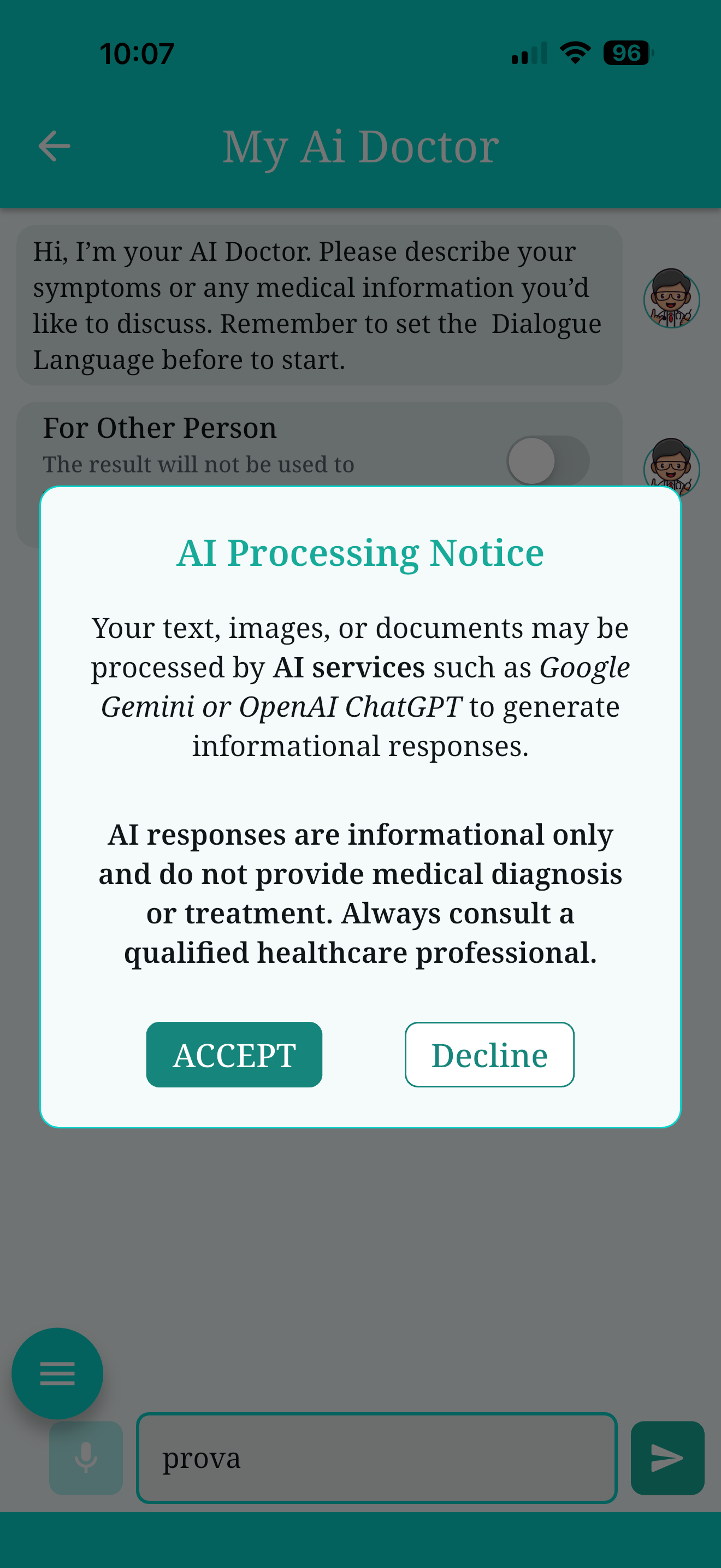AI Processing Notice shown in the app before any AI request